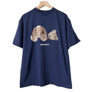 Palm Angels Men's Leopard Print Bear Tee in Navy 100% Cotton Size XL